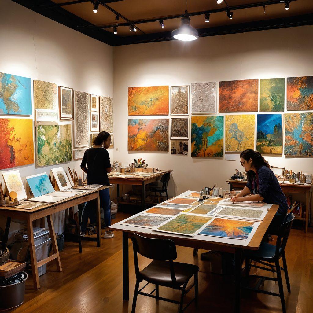 A vibrant art studio filled with diverse artists discussing their work, surrounded by paintings, sketches, and easels. A large, colorful map of the art community prominently displayed on the wall, showcasing various resources and connections. Warm lighting creates an inviting atmosphere, encouraging creativity and dialogue. The artists reflect different styles, genders, and cultures. super-realistic. vibrant colors. warm tones.