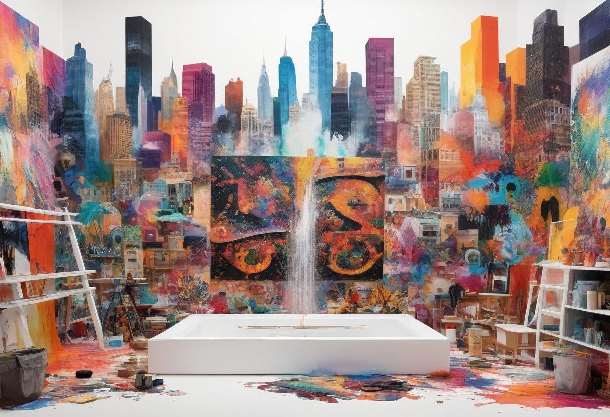 A vibrant collage showcasing diverse contemporary art styles, featuring abstract paintings, street art, and digital installations. Include an artist passionately working in their studio, surrounded by colorful canvases and tools. The background should display a lively cityscape with art murals and installations. Emphasize creativity and artistic expression through diverse materials and forms. super-realistic. vibrant colors. white background.